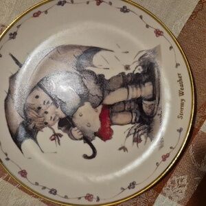 Vintage Decorative Plate with Children and Umbrella